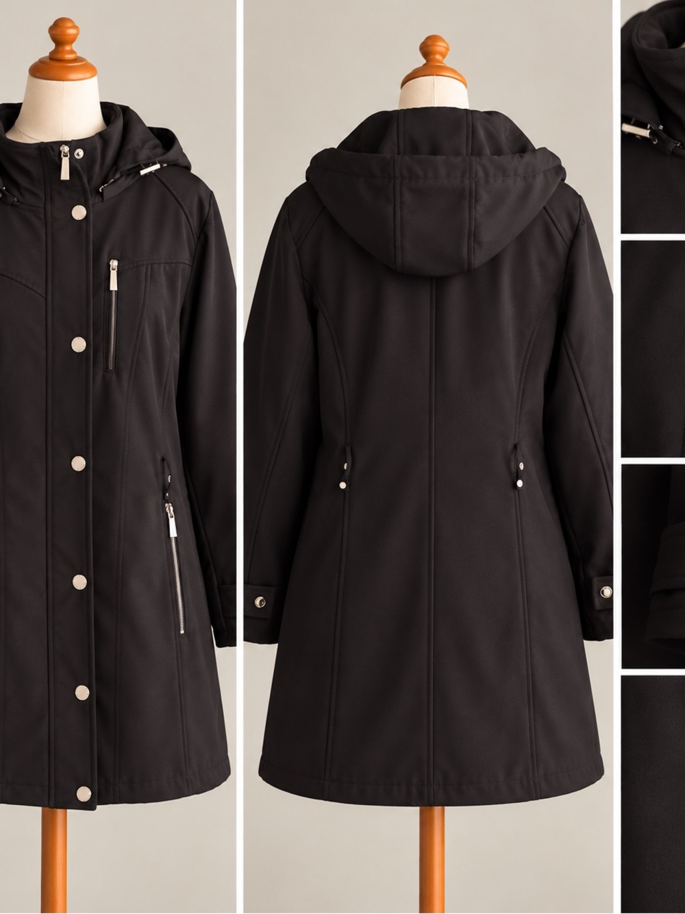 Michael Kors Black Hooded Trench Coat with Silver-Tone Hardware